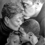 family portrait; black family giving one another kisses
