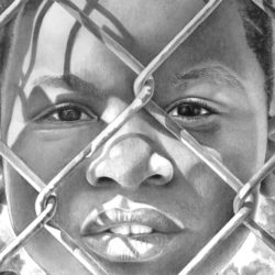 Drawing of boy behind fence